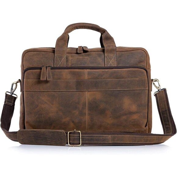 Women Tan Brown Leather18 Inch Laptop Messenger Bags with Zipper - Picture 6 of 8